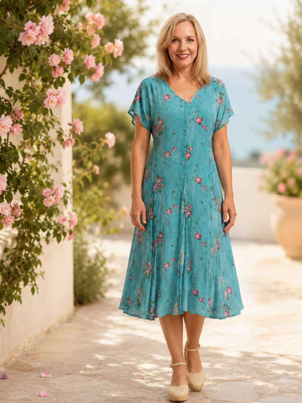 Vintage Bila Turquoise Rose Print Rayon Flowy Summer Midi Dress | Large